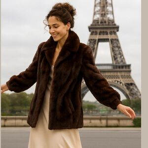VTG ALAN FURS MINK NAFA LABEL MOBWIFE LUXURY DK BROWN LONG JACKET W BAG SZ S